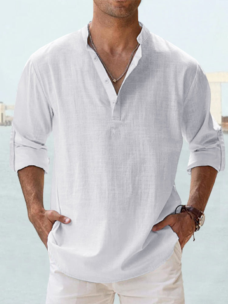 Men's breathable tailored button-up shirt in a neutral and pastel colour range, shown for menswear styling