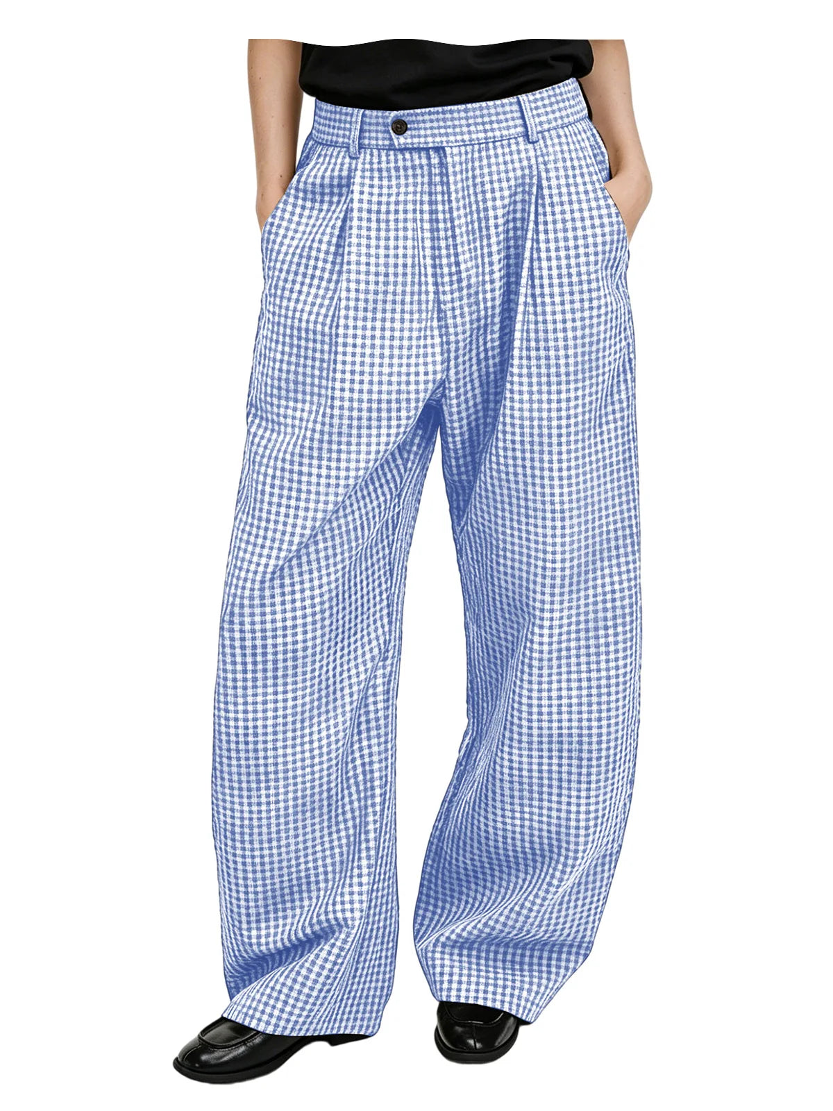 Men's wide-leg cotton linen plaid trousers, worn