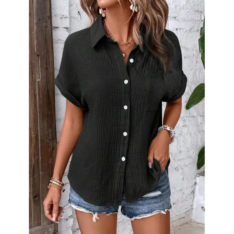 Women's short-sleeve cotton collared blouse, worn