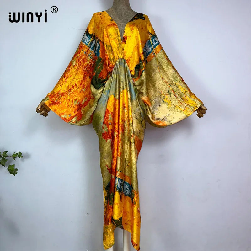 Women's printed V-neck long beach kimono robe, side view