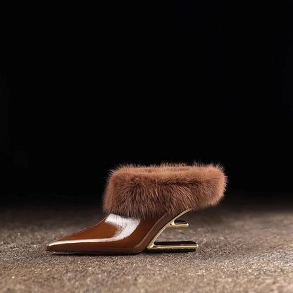 Women's pointed toe fur trim wedge heels in brown and black