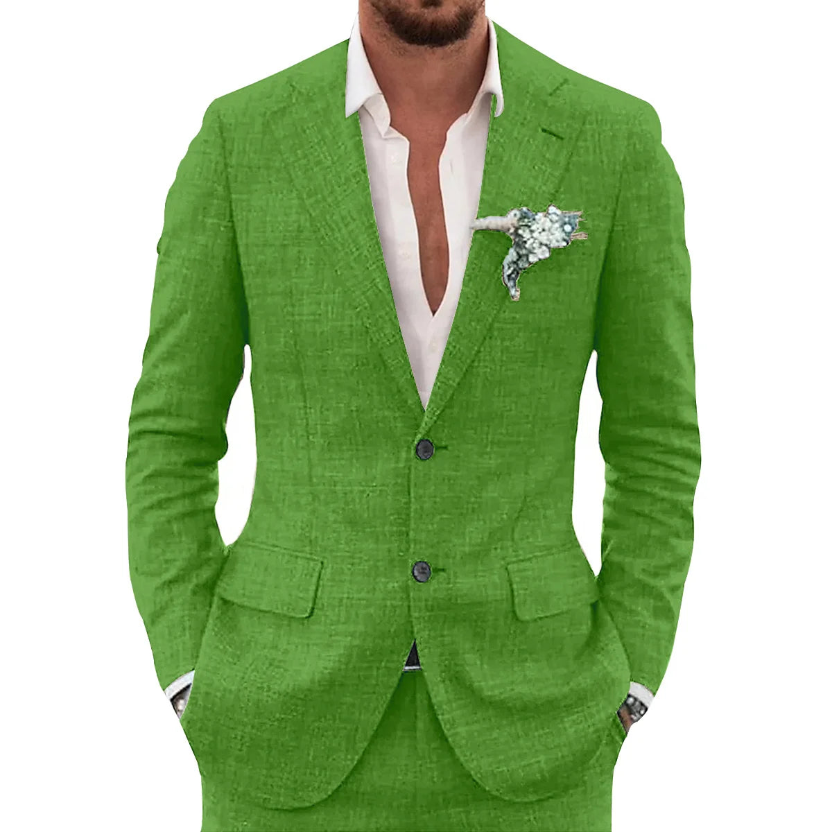 Men's slim-fit casual linen suit, jacket lapel detail