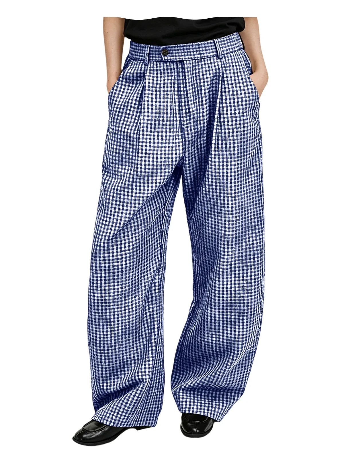 Men's wide-leg cotton linen plaid trousers, pocket detail