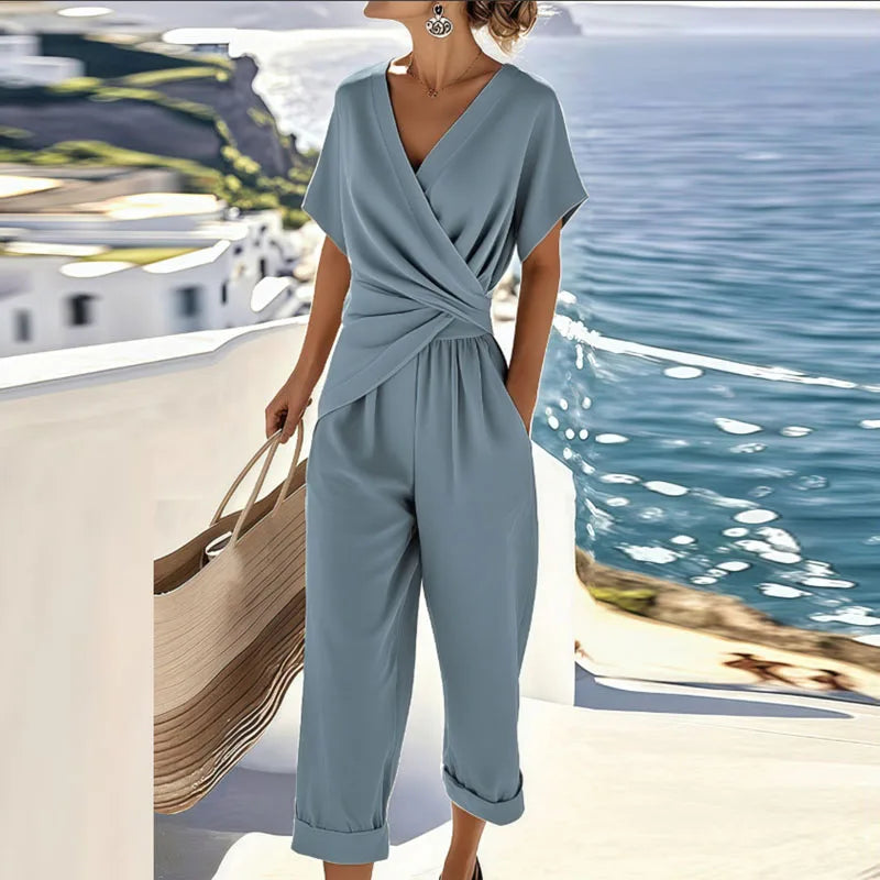Women's two piece set with a wrap front top and cropped trousers in apricot, blue and khaki
