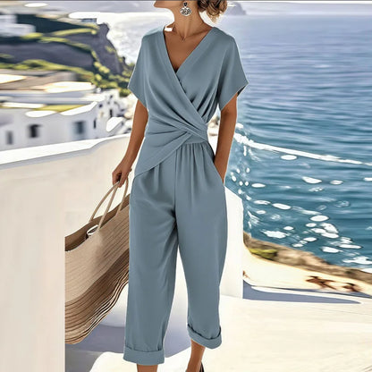 Women's two piece set with a wrap front top and cropped trousers in apricot, blue and khaki