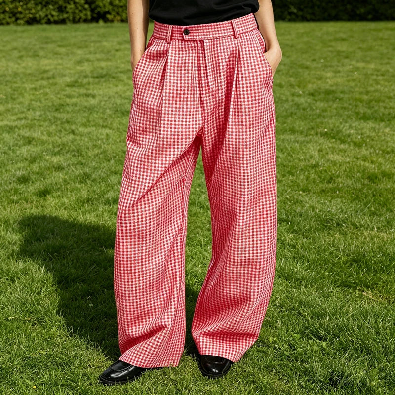 Kessoro Men's Wide-Leg Cotton Linen Plaid Trousers — view 2