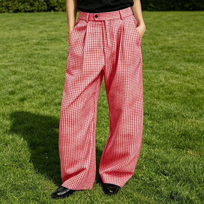 Kessoro Men's Wide-Leg Cotton Linen Plaid Trousers — view 2