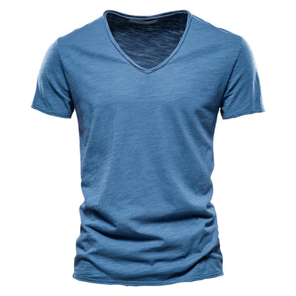 Kessoro men's casual V-neck lightweight cotton summer shirt in blue, orange, black, green and white