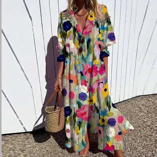 Women's flowing wide boho dress in multicolor, pink, red, light blue and white