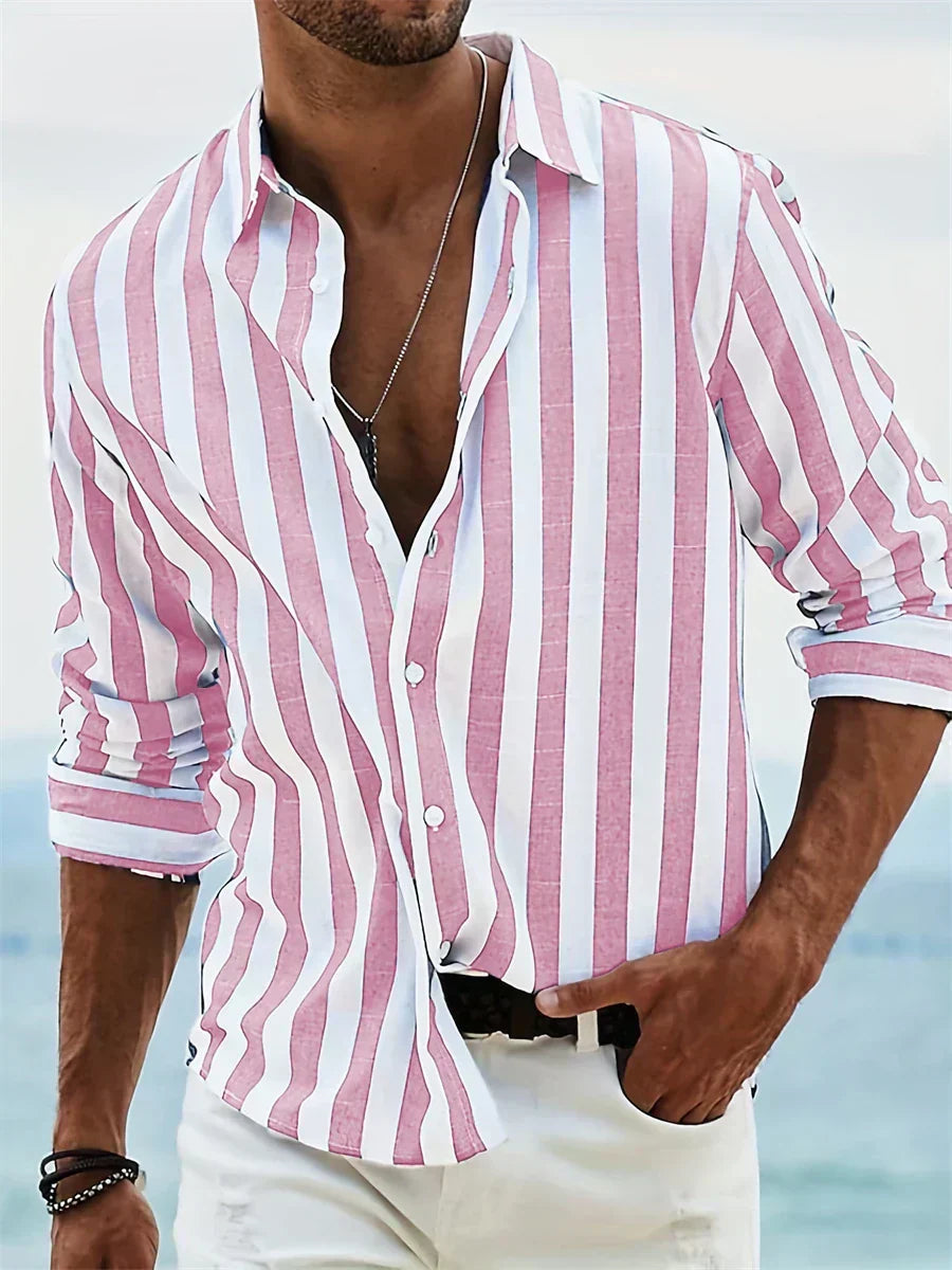 Kessoro men's vertical striped relaxed-fit casual shirt in pink, black, light grey, blue and red
