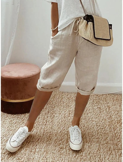 Women's cotton linen elastic-waist casual shorts, worn