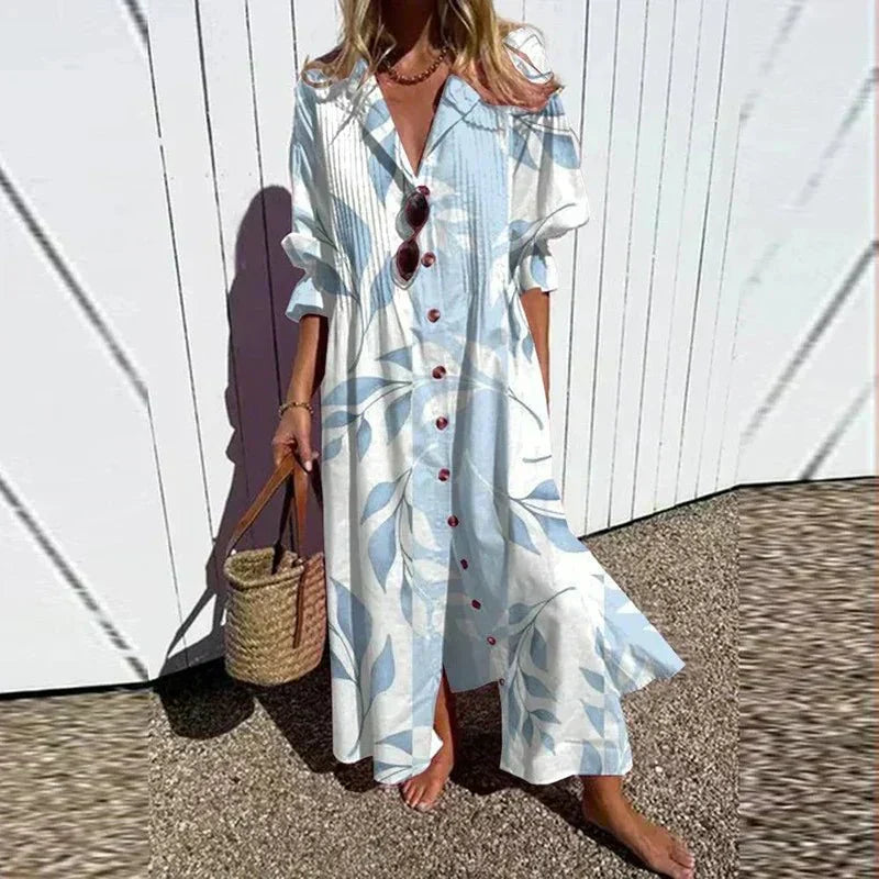 Women's flowing wide boho dress in multicolor, pink, red, light blue and white
