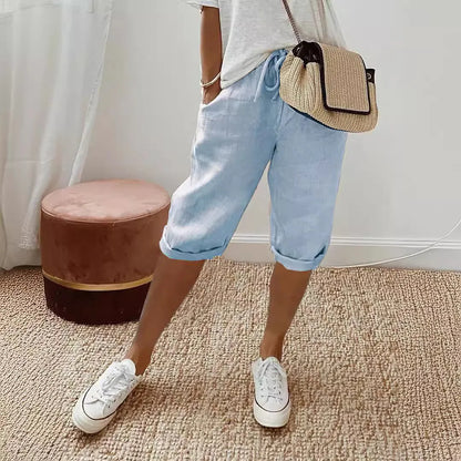 Kessoro Women's Cotton Linen Elastic-Waist Casual Shorts — view 3