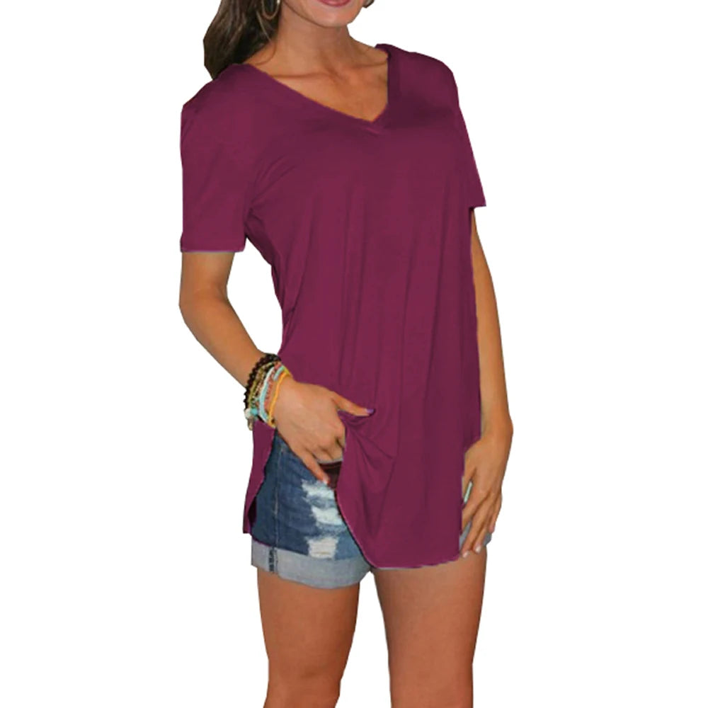 Women's solid short-sleeve blouse, back view