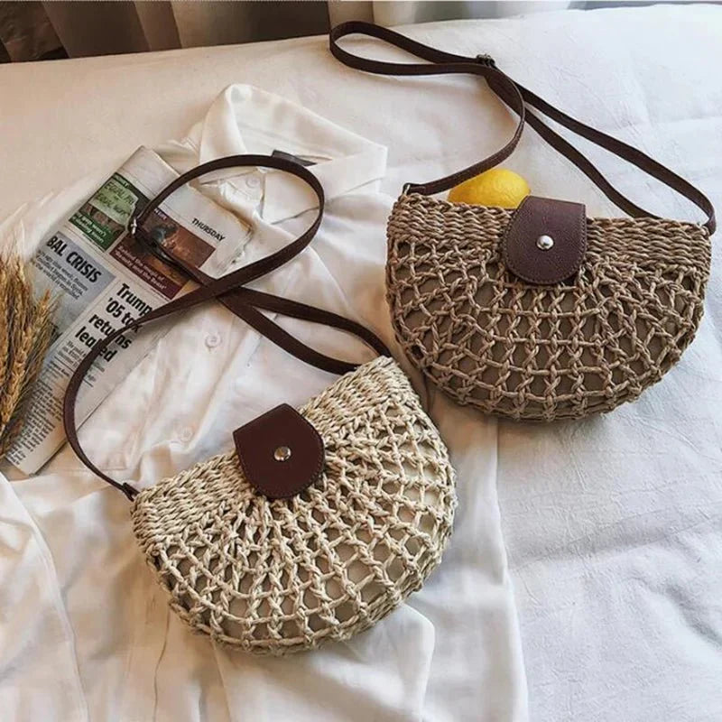 Kessoro women's braided straw compact shoulder bag in beige and brown