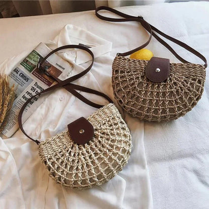 Kessoro women's braided straw compact shoulder bag in beige and brown