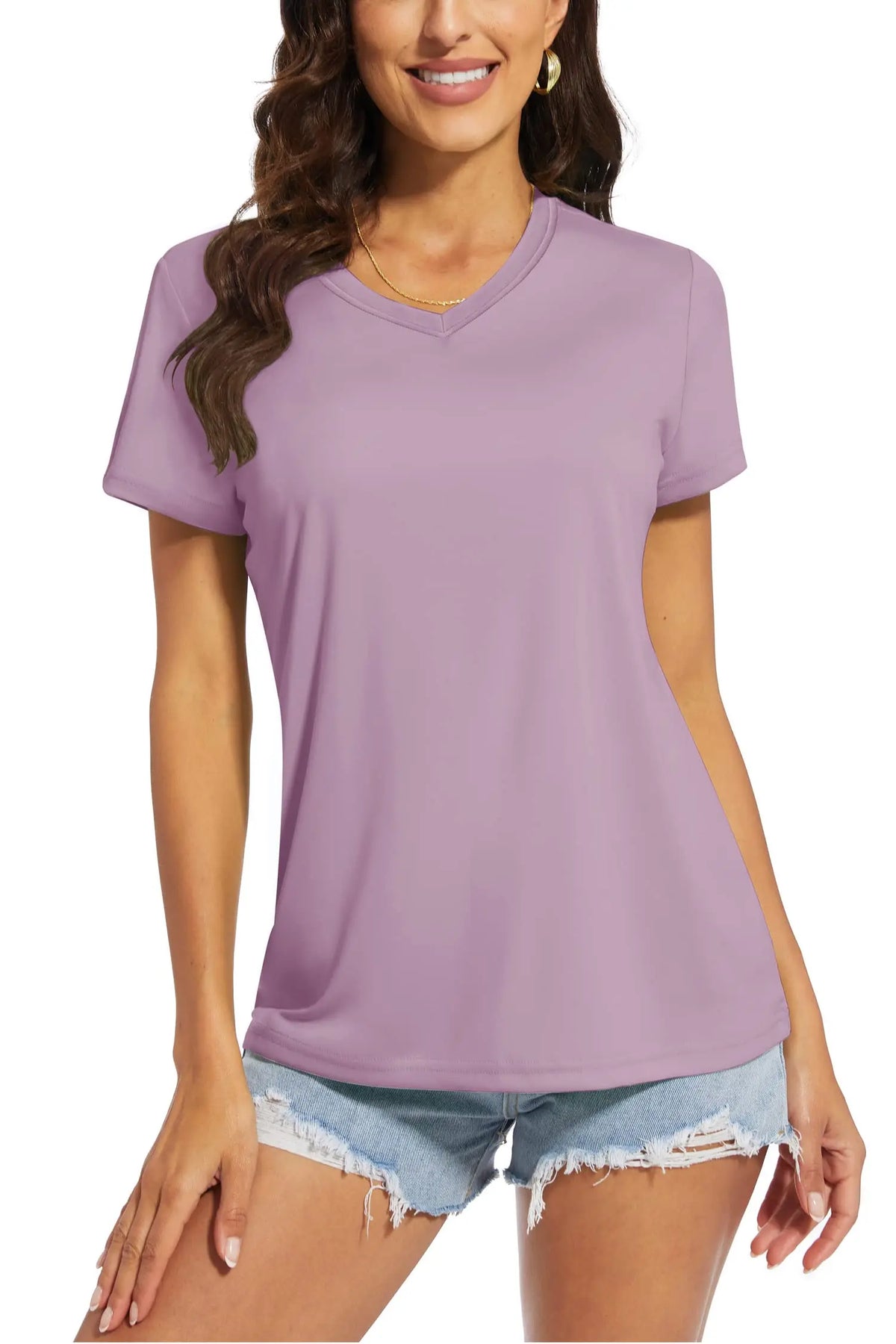 Women's quick-dry V-neck sun protection tee, three-quarter view