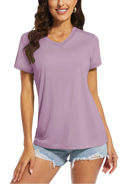 Women's quick-dry V-neck sun protection tee, three-quarter view