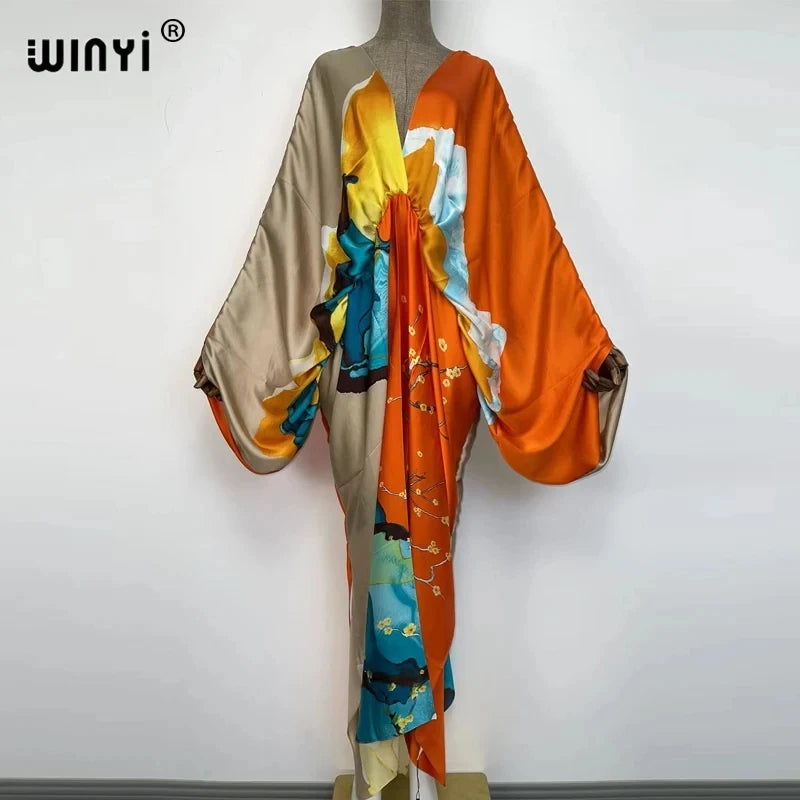 Kessoro Women's Printed V-Neck Long Beach Kimono Robe — view 2