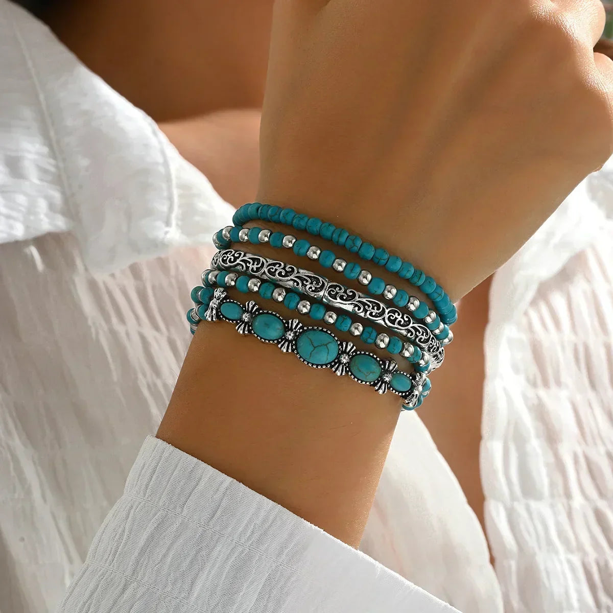 Kessoro women's boho turquoise beaded layered bracelet set