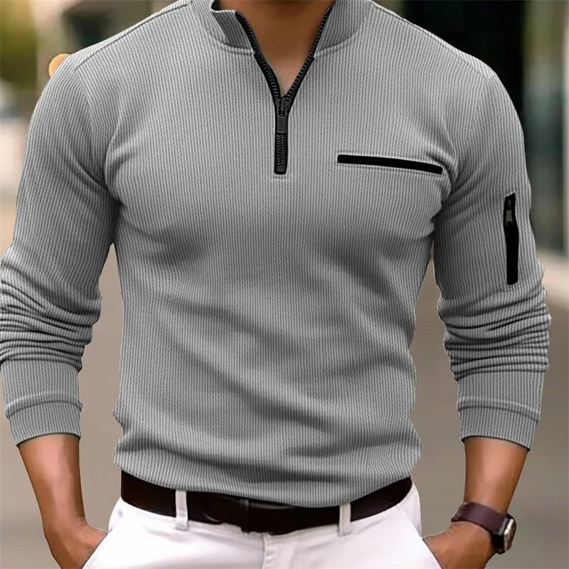 Men's classic quarter-zip knit sweater with arm pocket
