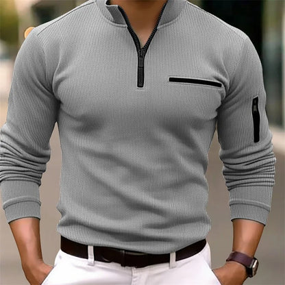 Men's classic quarter-zip knit sweater with arm pocket