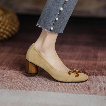 Women's cushioned closed-toe buckle heels in dark blue and khaki
