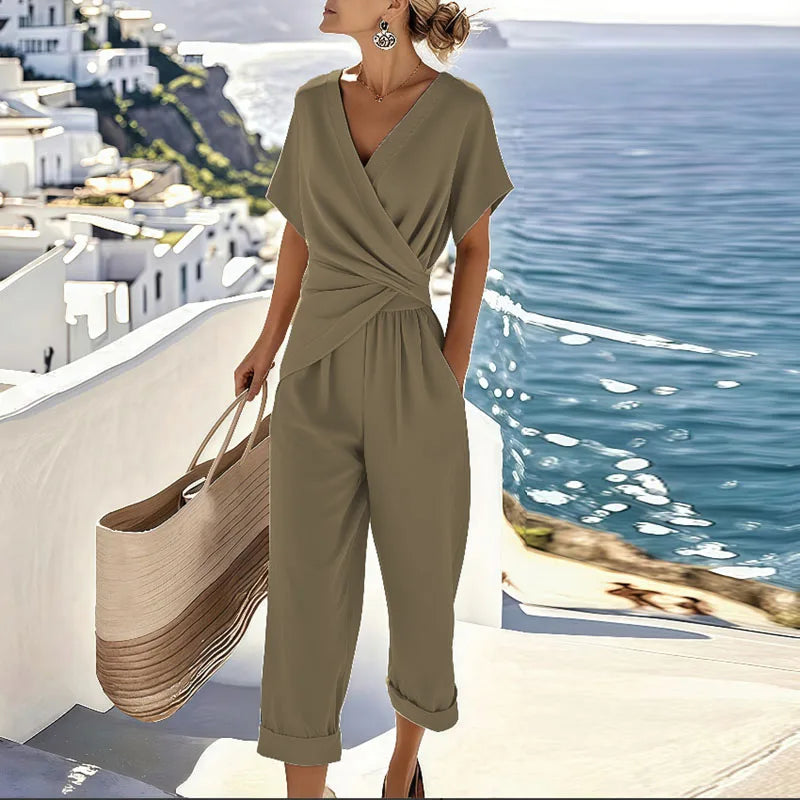 Women's two piece set with a wrap front top and cropped trousers in apricot, blue and khaki