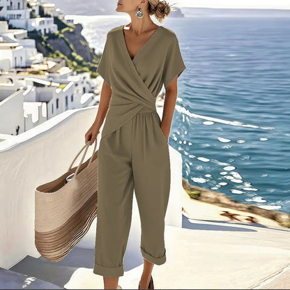 Women's two piece set with a wrap front top and cropped trousers in apricot, blue and khaki