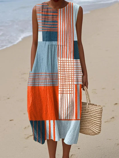 Women's sleeveless geometric print straight midi dress in yellow, orange, beige or black