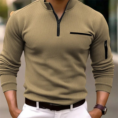Men's classic quarter-zip knit sweater with arm pocket