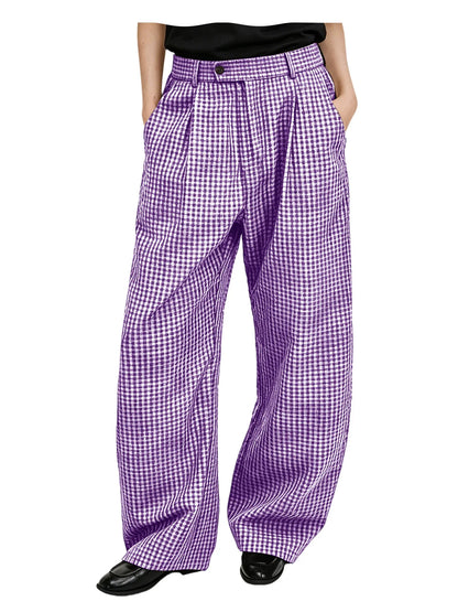 Men's wide-leg cotton linen plaid trousers, flat lay
