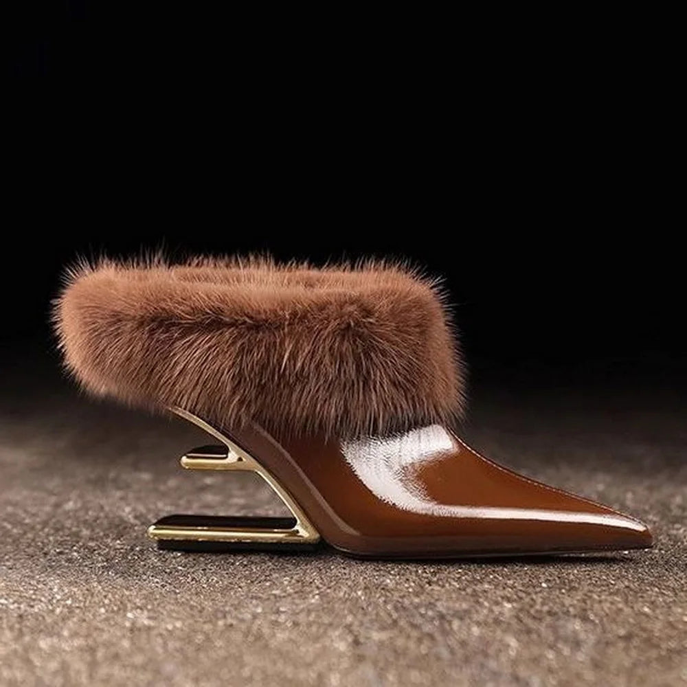 Women's pointed toe fur trim wedge heels in brown and black