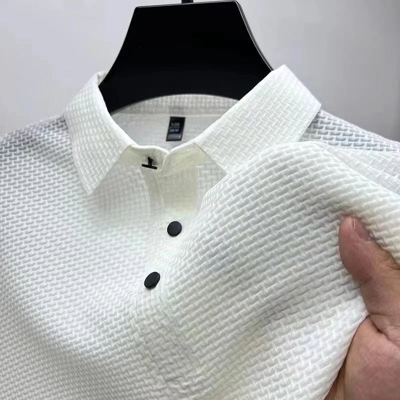 Men's short-sleeve knit business polo shirt, fabric detail