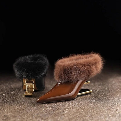 Women's pointed toe fur trim wedge heels in brown and black