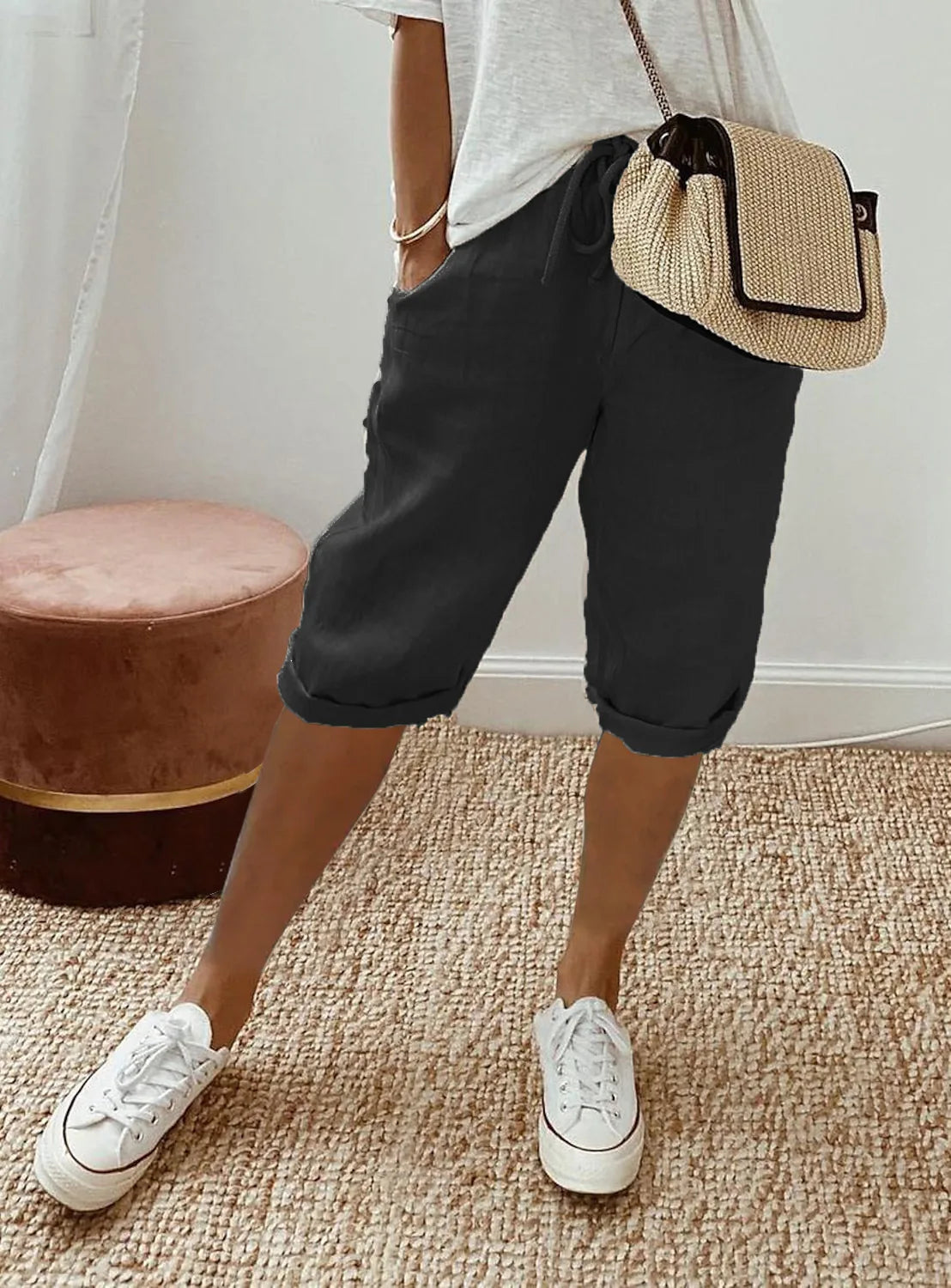 Kessoro Women's Cotton Linen Elastic-Waist Casual Shorts — view 10