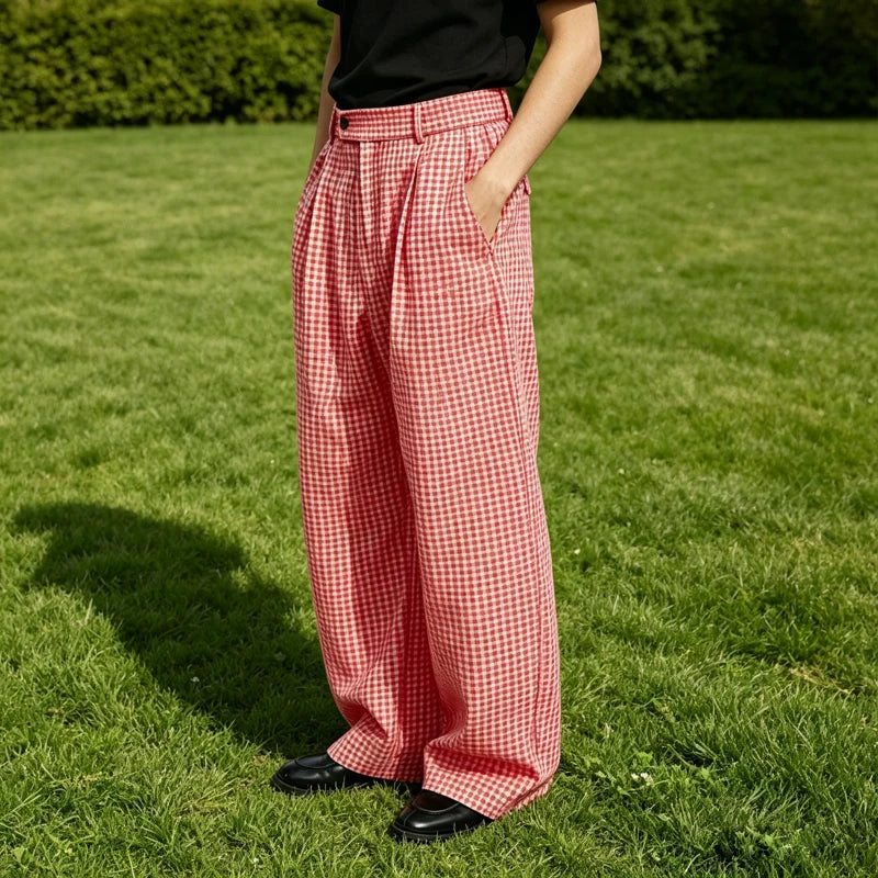 Kessoro Men's Wide-Leg Cotton Linen Plaid Trousers — view 3