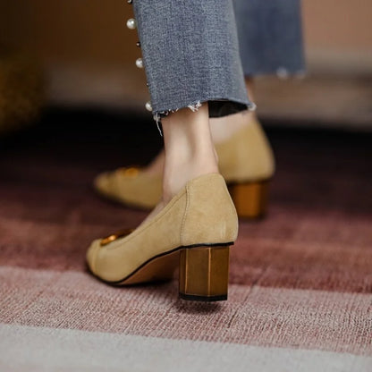 Women's cushioned closed-toe buckle heels in dark blue and khaki