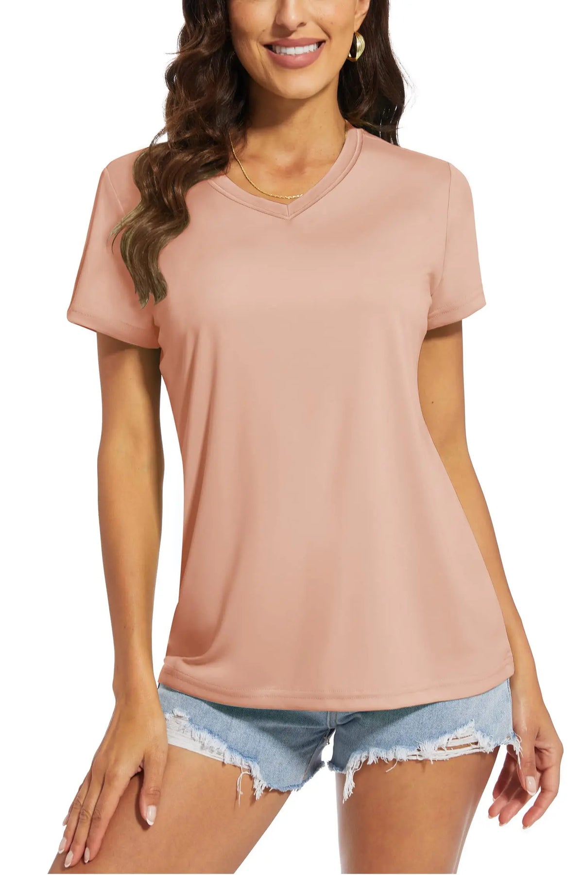 Women's quick-dry V-neck sun protection tee, worn