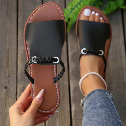 Women's braided strap slip-on sandal in brown, white and black vegan leather