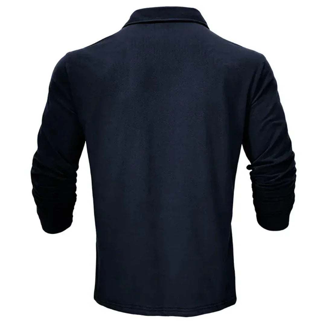 Kessoro men's long-sleeve collared stretch polo in blue, black, brown, grey and green