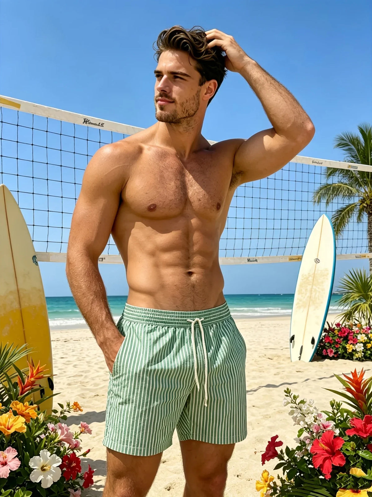 Kessoro Men's Striped Quick-Dry Drawstring Swim Trunks — view 7
