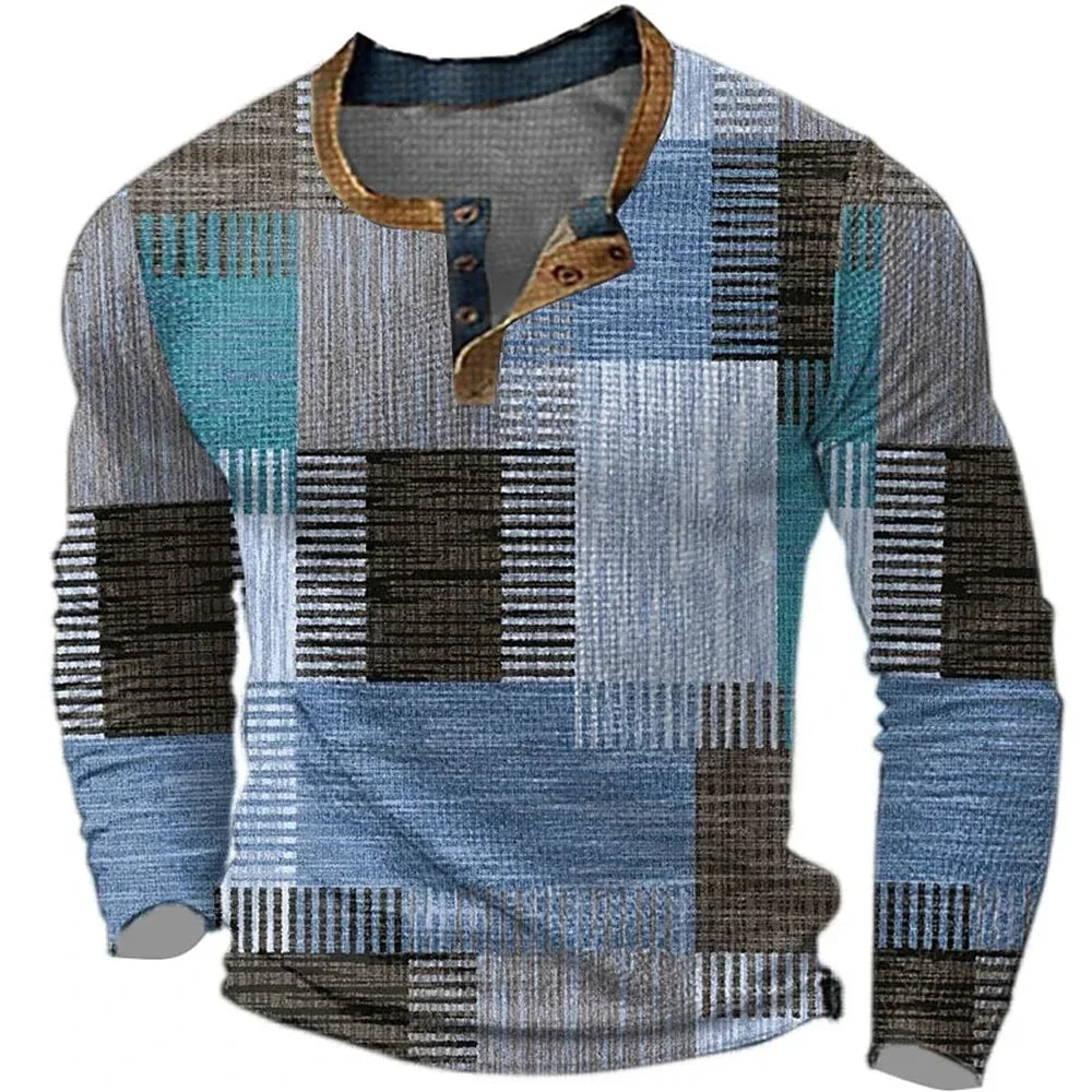 Kessoro men's multicolor patchwork long sleeve shirt in brown, blue, green and gray colorways - men's shirts