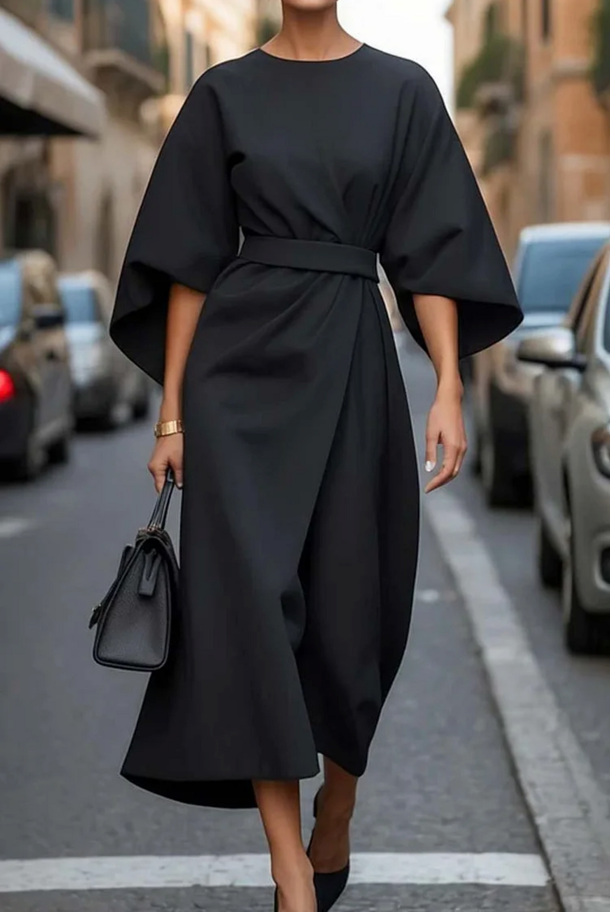 Kessoro women's belted lantern sleeve dress in navy blue, beige, black, bordeaux and more colorways - women's dresses