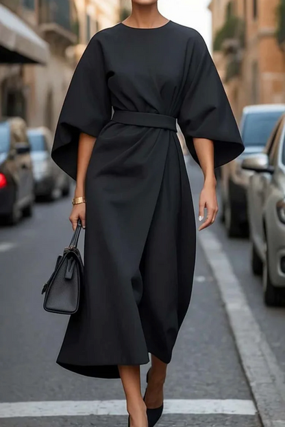 Kessoro women's belted lantern sleeve dress in navy blue, beige, black, bordeaux and more colorways - women's dresses