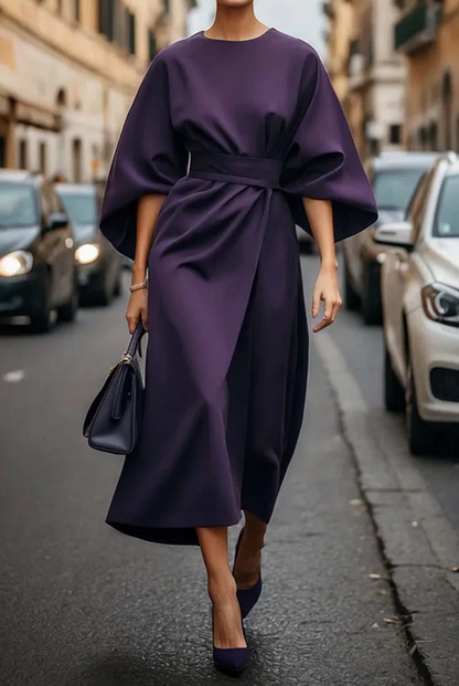 Kessoro women's belted lantern sleeve dress in navy blue, beige, black, bordeaux and more colorways - women's dresses