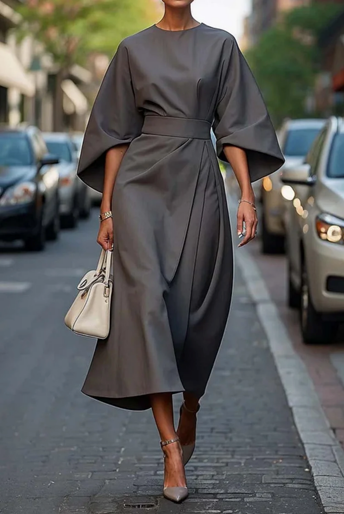 Kessoro women's belted lantern sleeve dress in navy blue, beige, black, bordeaux and more colorways - women's dresses