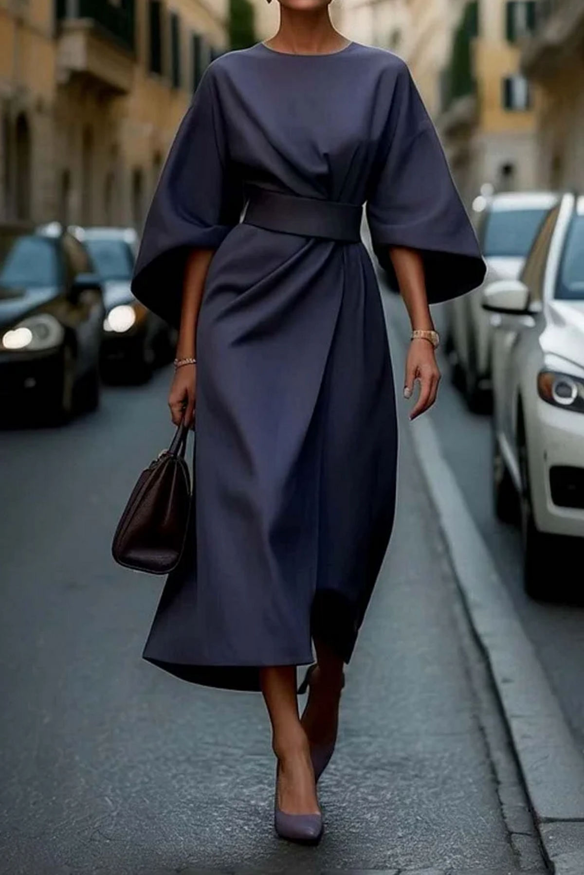 Kessoro women's belted lantern sleeve dress in navy blue, beige, black, bordeaux and more colorways - women's dresses