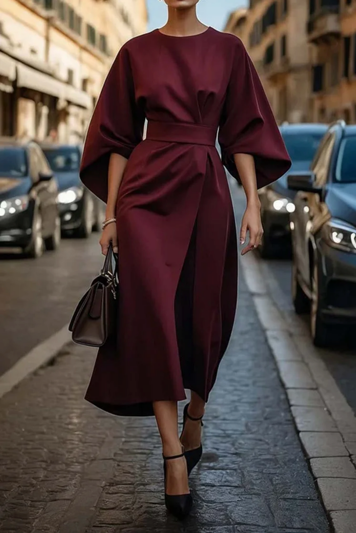 Kessoro women's belted lantern sleeve dress in navy blue, beige, black, bordeaux and more colorways - women's dresses