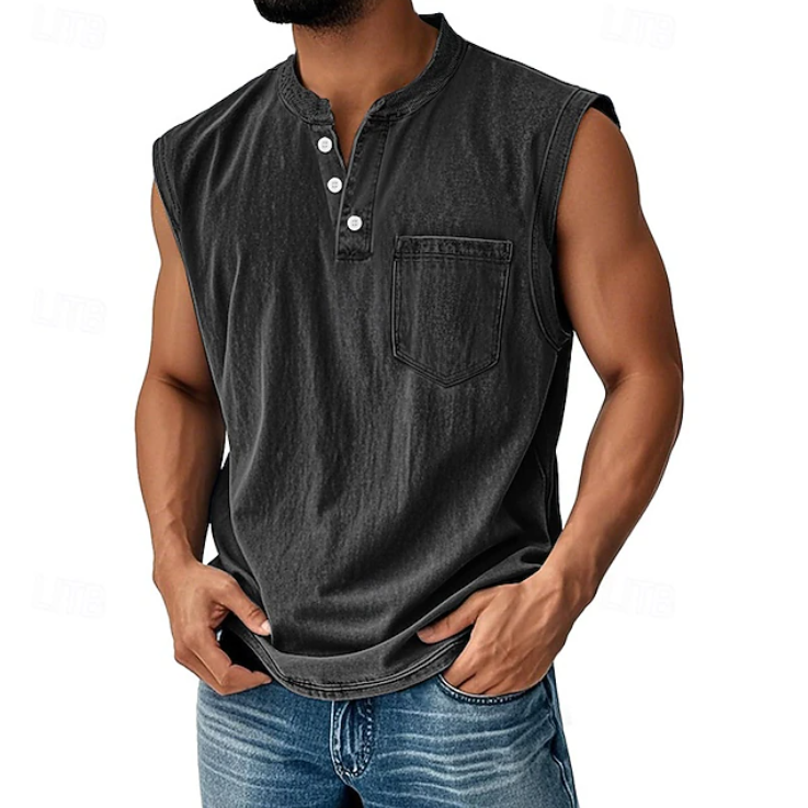 Kessoro men's vintage sleeveless casual shirt in navy, black, grey, beige and brown
